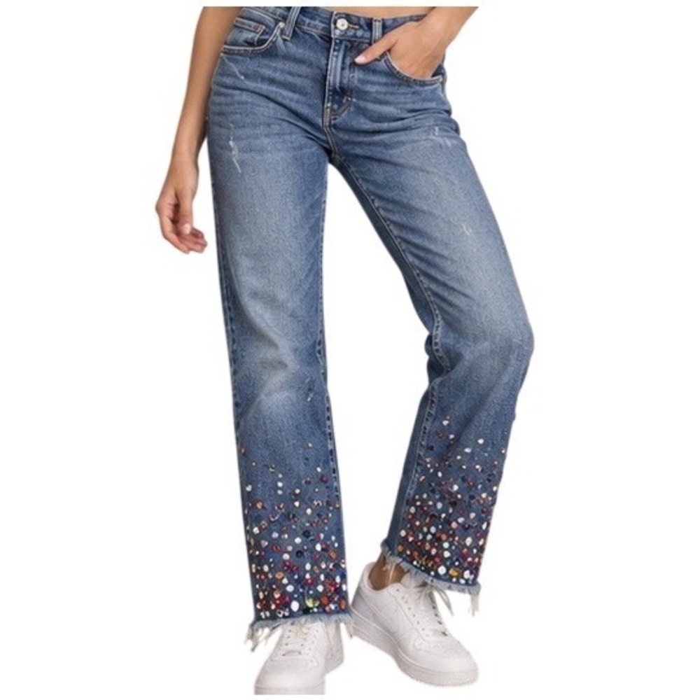 Pilcro Women Jeans Cotton Blue 27 Slim Straight Rhinestone Boho Frayed Hem
